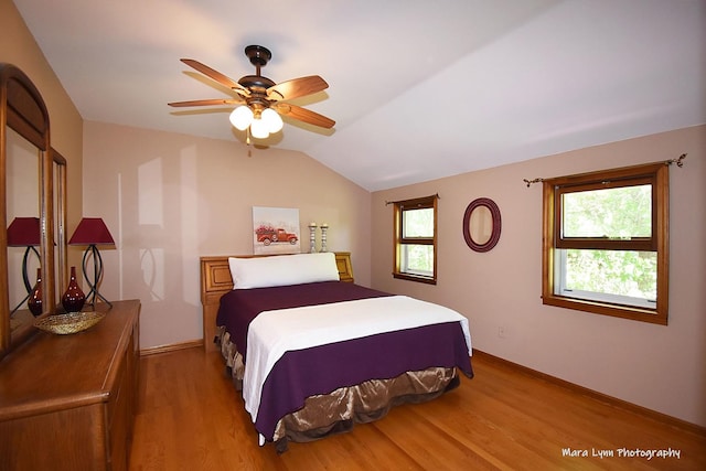 5N850 Ravine Dr, Saint Charles, IL 60175 - bedroom featuring wood finished floors, multiple windows, lofted ceiling, baseboards, and ceiling fan