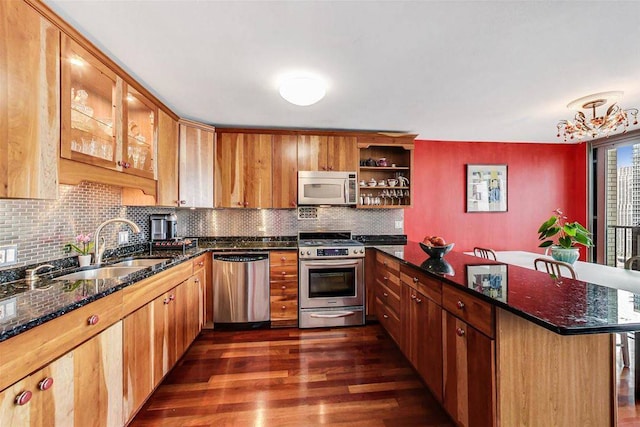 400 E Randolph St Unit 3018, Chicago, IL 60601 - kitchen with appliances with stainless steel finishes, a peninsula, dark wood-style floors, open shelves, and tasteful backsplash