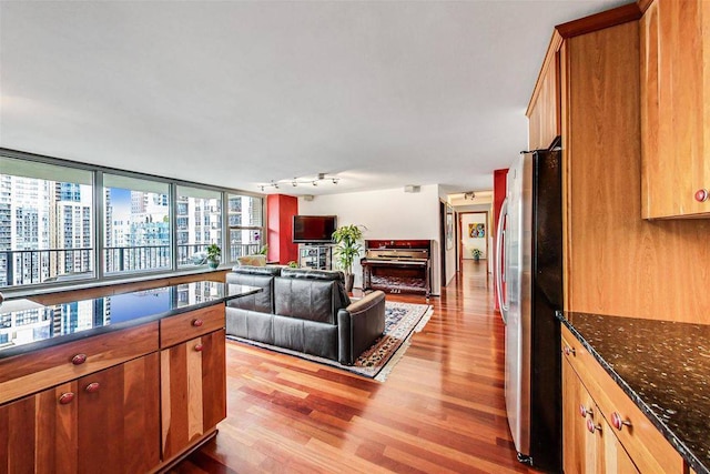 400 E Randolph St Unit 3018, Chicago, IL 60601 - kitchen featuring freestanding refrigerator, light wood finished floors, track lighting, dark stone counters, and open floor plan