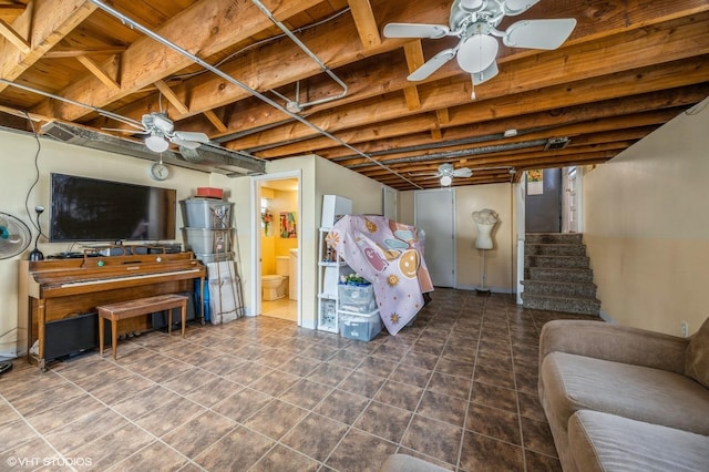 545 Morris Ave, Bellwood, IL 60104 - below grade area featuring ceiling fan, stairway, tile patterned flooring, and wooden ceiling