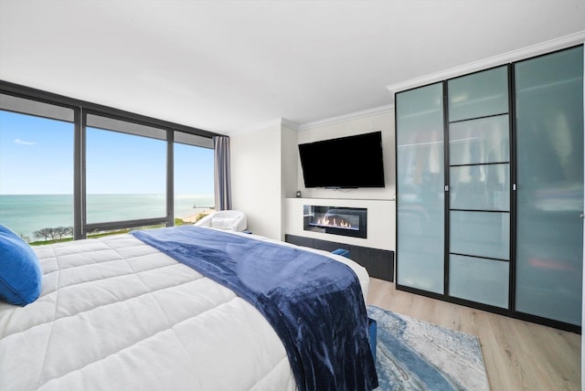bedroom featuring a water view, a glass covered fireplace, crown molding, and wood finished floors