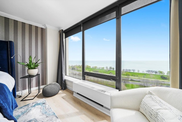 bedroom featuring ornamental molding, a water view, and wood finished floors