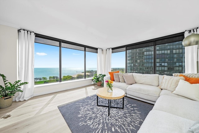 living area featuring a water view and wood finished floors