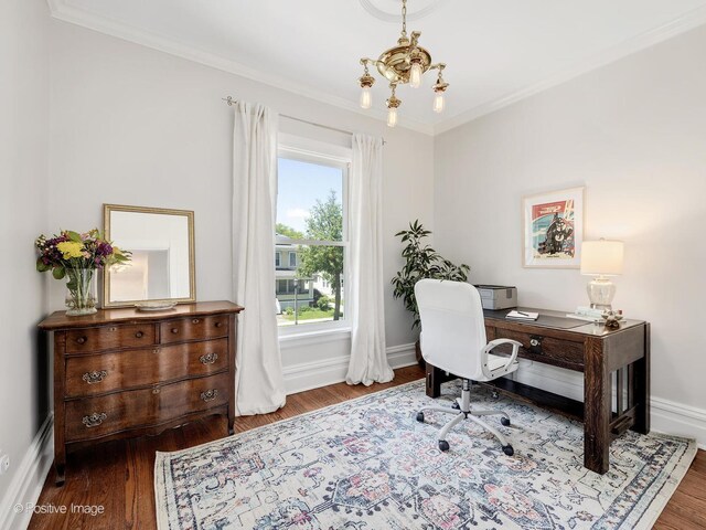 213 S Ashland Ave, La Grange, IL 60525 - office area featuring wood finished floors, crown molding, baseboards, and a baseboard heating unit