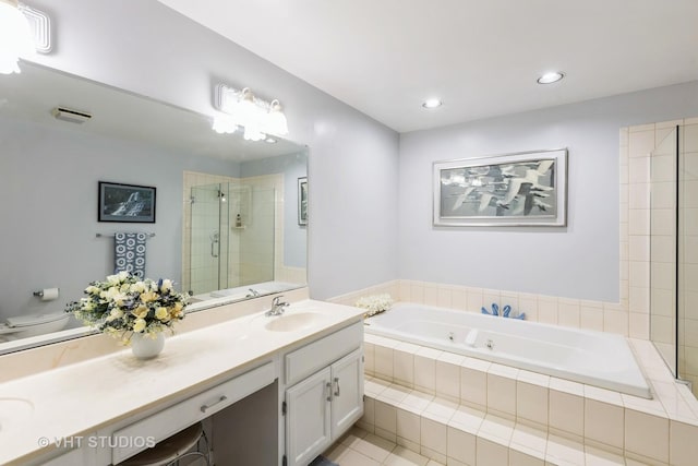 23118 Lacroix Ln, Plainfield, IL 60544 - full bath with a jetted tub, double vanity, a stall shower, recessed lighting, and tile patterned flooring