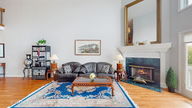 23118 Lacroix Ln, Plainfield, IL 60544 - living room featuring wood finished floors, a high ceiling, and a high end fireplace