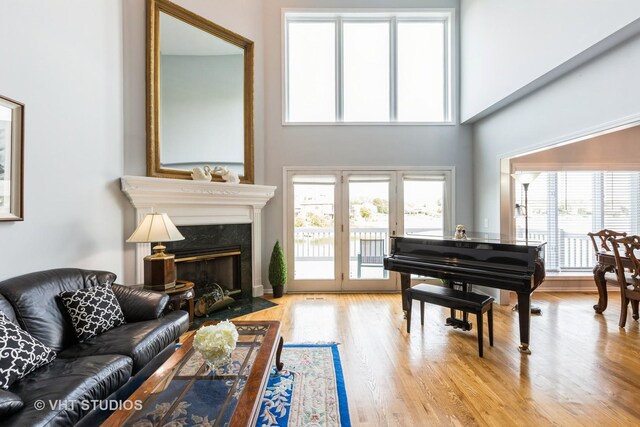 23118 Lacroix Ln, Plainfield, IL 60544 - living room with wood finished floors, a towering ceiling, and a fireplace