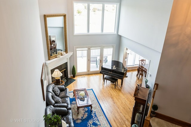 23118 Lacroix Ln, Plainfield, IL 60544 - living area featuring wood finished floors, a fireplace with flush hearth, and a high ceiling