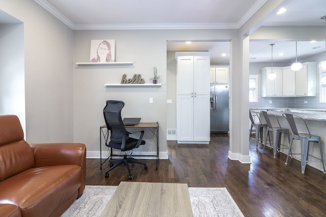 home office with dark wood-style flooring, baseboards, ornamental molding, and recessed lighting