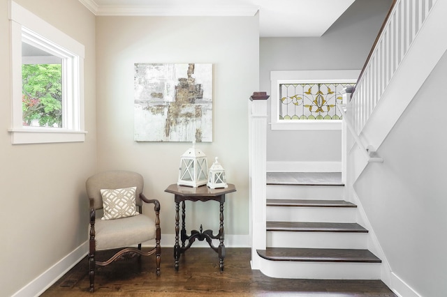 staircase with wood finished floors, crown molding, and baseboards