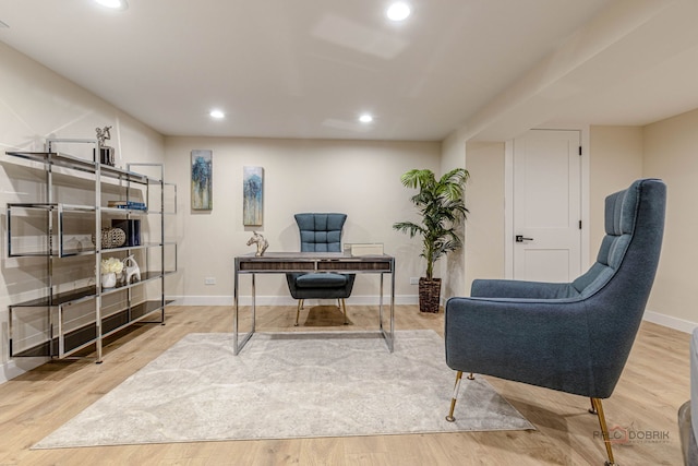 office area featuring recessed lighting, baseboards, and wood finished floors