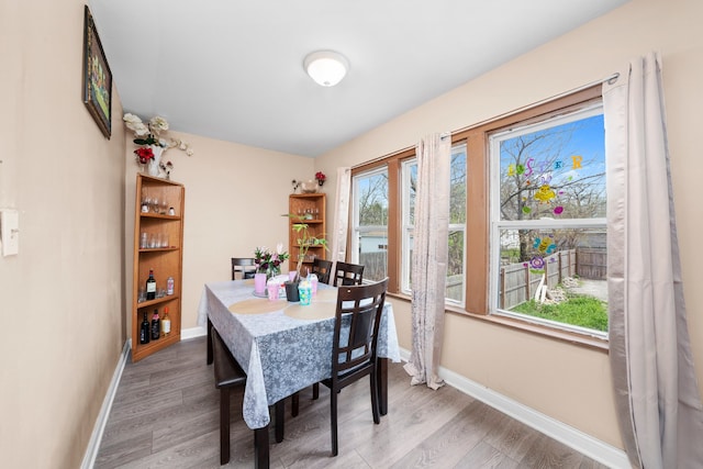 dining space featuring baseboards and wood finished floors