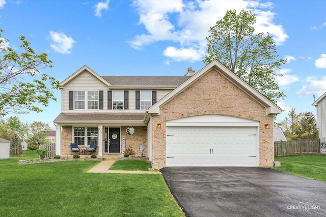 410 Blue Ridge Dr, Oswego, IL 60543 - view of front of home featuring driveway, brick siding, a porch, a chimney, and an attached garage