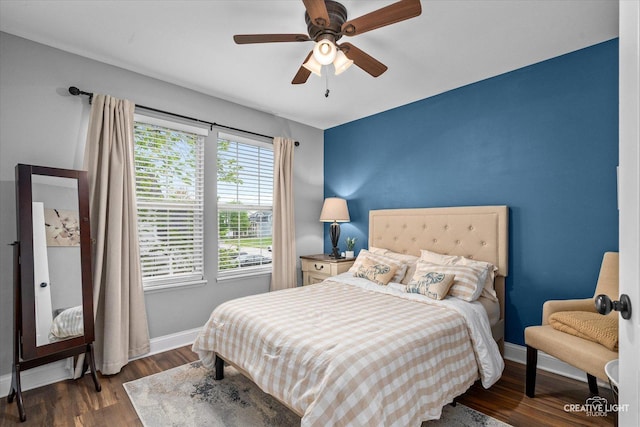 410 Blue Ridge Dr, Oswego, IL 60543 - bedroom with baseboards, dark wood finished floors, and ceiling fan