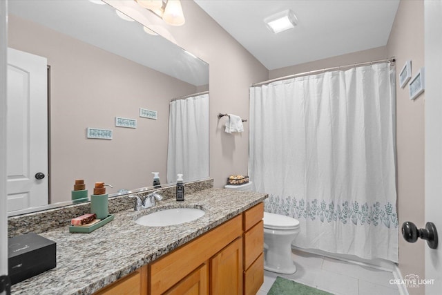 410 Blue Ridge Dr, Oswego, IL 60543 - bathroom featuring vanity, toilet, tile patterned flooring, and curtained shower