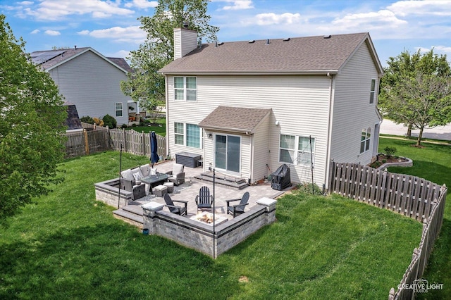 410 Blue Ridge Dr, Oswego, IL 60543 - rear view of property with a chimney, a patio, and an outdoor living space with a fire pit