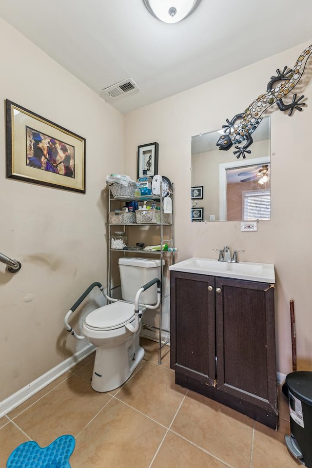 half bathroom with a ceiling fan, visible vents, tile patterned flooring, vanity, and toilet