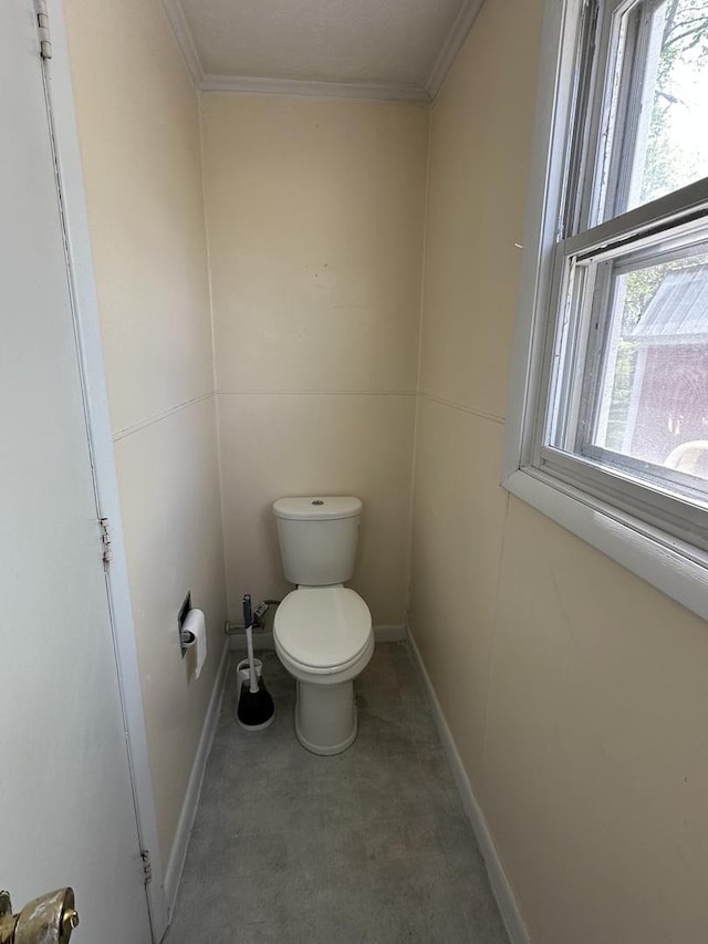 bathroom featuring ornamental molding and toilet
