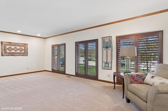 948 Weatherbee Pl, Downers Grove, IL 60516 - living room with crown molding, baseboards, light colored carpet, and recessed lighting