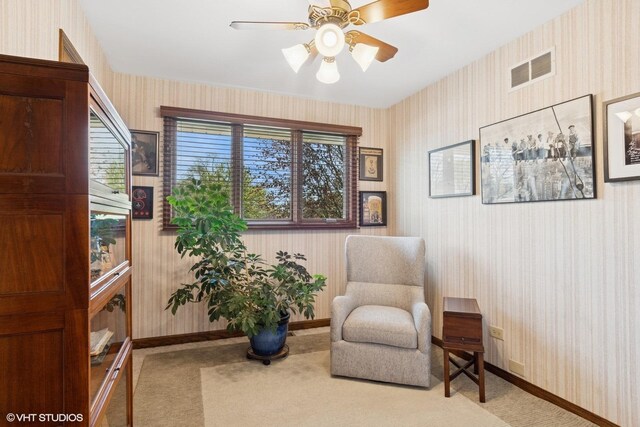948 Weatherbee Pl, Downers Grove, IL 60516 - sitting room with wallpapered walls, carpet, baseboards, and ceiling fan
