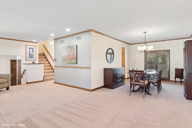 948 Weatherbee Pl, Downers Grove, IL 60516 - dining area with light carpet, a chandelier, baseboards, ornamental molding, and recessed lighting