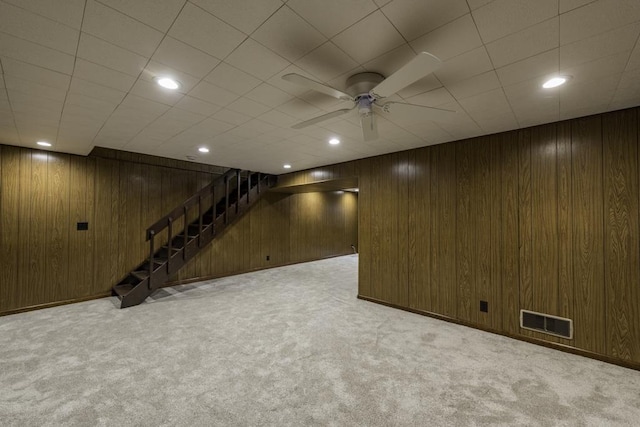 4140 Brentwood Ln, Waukegan, IL 60087 - finished basement featuring stairs, carpet floors, ceiling fan, wooden walls, and recessed lighting