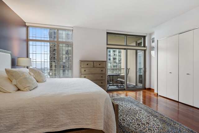 bedroom featuring access to outside, floor to ceiling windows, wood finished floors, and multiple windows