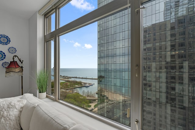 interior details with a water view