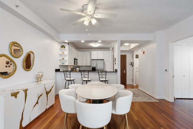 dining area with recessed lighting, baseboards, a ceiling fan, and dark wood-style flooring