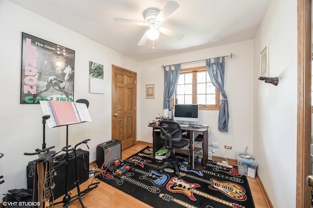 office with wood finished floors, ceiling fan, and baseboards