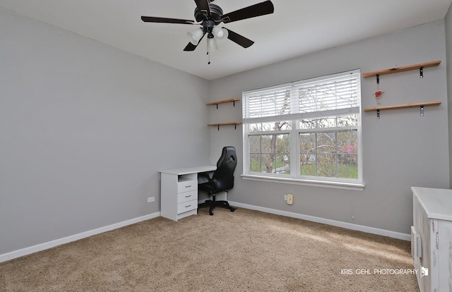 13464 W Hidden Springs Trl, Wadsworth, IL 60083 - office with baseboards, light carpet, and ceiling fan