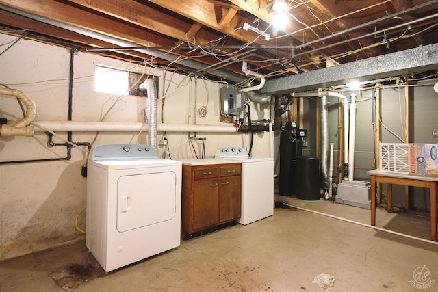 unfinished basement with electric panel and washing machine and clothes dryer