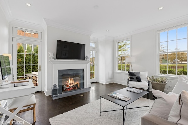 847 N Mckinley Rd, Lake Forest, IL 60045 - living area with a fireplace with flush hearth, ornamental molding, dark wood finished floors, recessed lighting, and baseboards