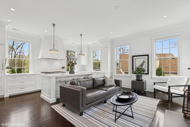 847 N Mckinley Rd, Lake Forest, IL 60045 - living area featuring dark wood-type flooring, recessed lighting, and ornamental molding
