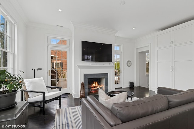 847 N Mckinley Rd, Lake Forest, IL 60045 - living area with healthy amount of natural light, crown molding, dark wood-style flooring, a lit fireplace, and recessed lighting
