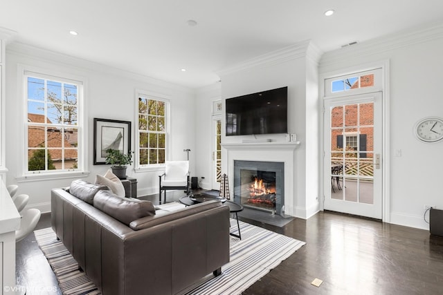 847 N Mckinley Rd, Lake Forest, IL 60045 - living room with dark wood-style floors, a fireplace with flush hearth, baseboards, crown molding, and recessed lighting