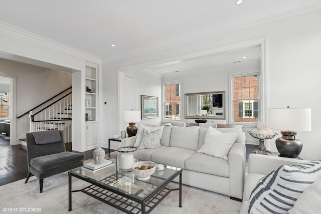 847 N Mckinley Rd, Lake Forest, IL 60045 - living area with stairs, healthy amount of natural light, ornamental molding, recessed lighting, and light wood finished floors