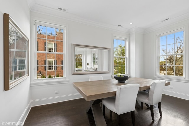 847 N Mckinley Rd, Lake Forest, IL 60045 - dining area featuring baseboards, healthy amount of natural light, dark wood-style floors, ornamental molding, and recessed lighting