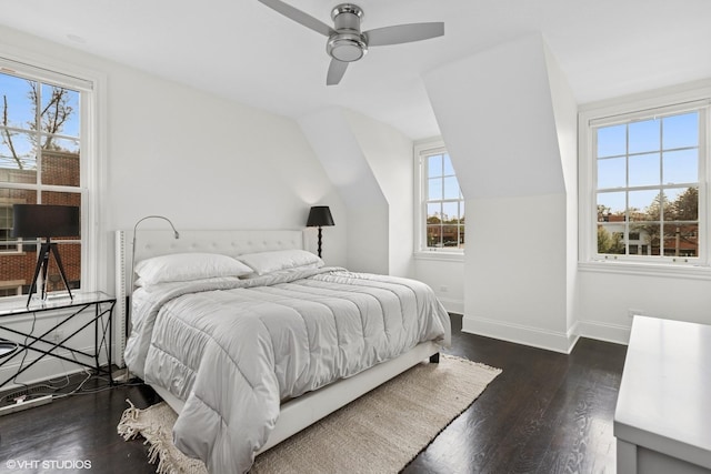 847 N Mckinley Rd, Lake Forest, IL 60045 - bedroom featuring baseboards, dark wood finished floors, vaulted ceiling, and a ceiling fan