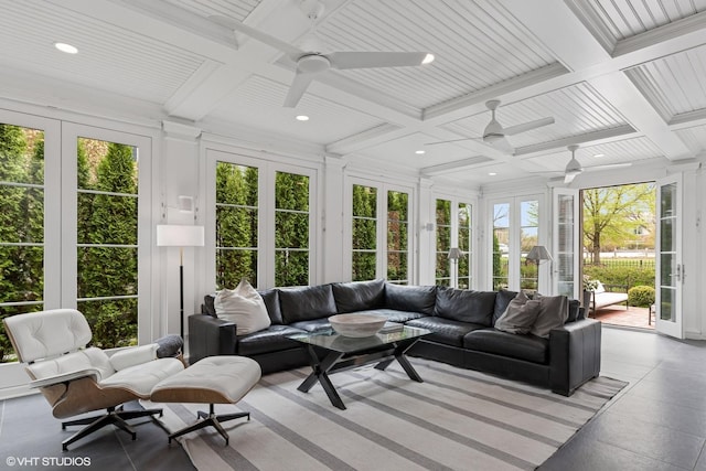 847 N Mckinley Rd, Lake Forest, IL 60045 - sunroom / solarium featuring french doors, coffered ceiling, and beamed ceiling
