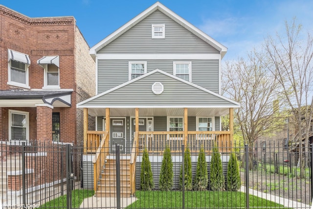 view of front of home with a porch, a gate, and a fenced front yard