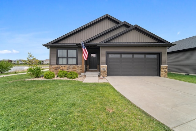 craftsman house with board and batten siding, a garage, concrete driveway, stone siding, and a front lawn