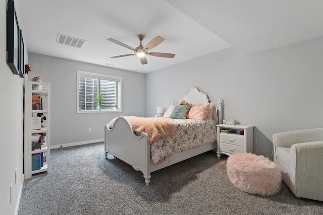 bedroom featuring carpet, visible vents, baseboards, and ceiling fan