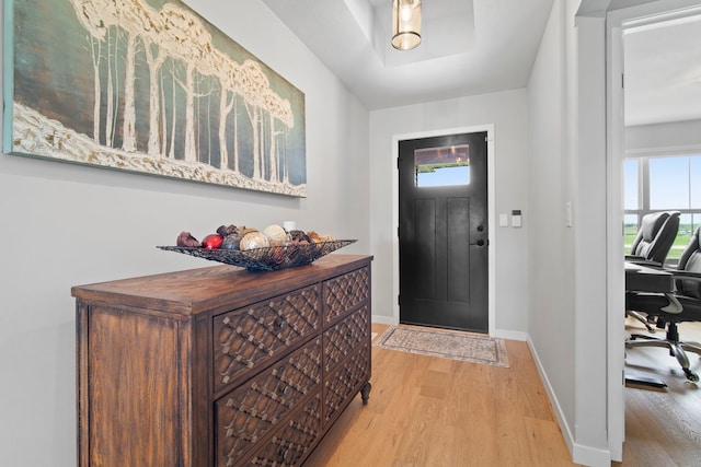 entrance foyer with baseboards and light wood-type flooring