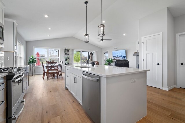 kitchen with light wood-style floors, appliances with stainless steel finishes, vaulted ceiling, and a sink