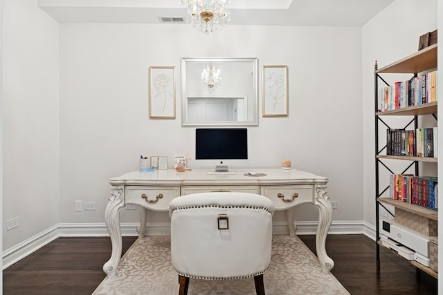 1111 W Madison St Unit 5B, Chicago, IL 60607 - office with visible vents, baseboards, a notable chandelier, and dark wood-style floors