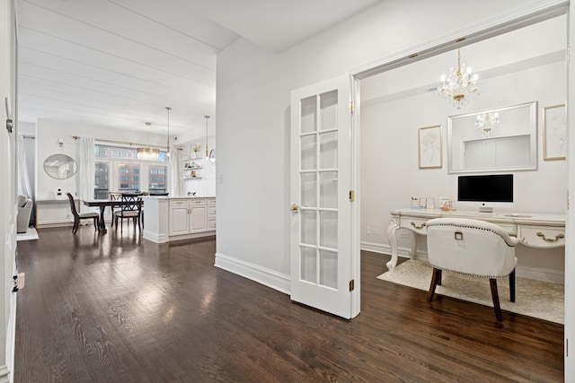 1111 W Madison St Unit 5B, Chicago, IL 60607 - office area with french doors, dark wood-style flooring, baseboards, and a chandelier