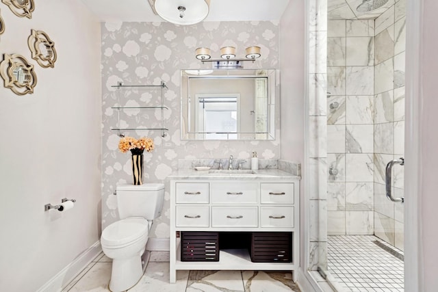 1111 W Madison St Unit 5B, Chicago, IL 60607 - bathroom featuring a shower stall, vanity, baseboards, toilet, and wallpapered walls