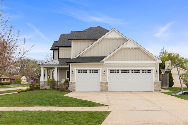craftsman inspired home featuring a garage, a front yard, stone siding, roof with shingles, and concrete driveway
