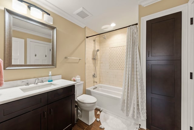 bathroom featuring shower / bath combination with curtain, wood finished floors, vanity, toilet, and ornamental molding